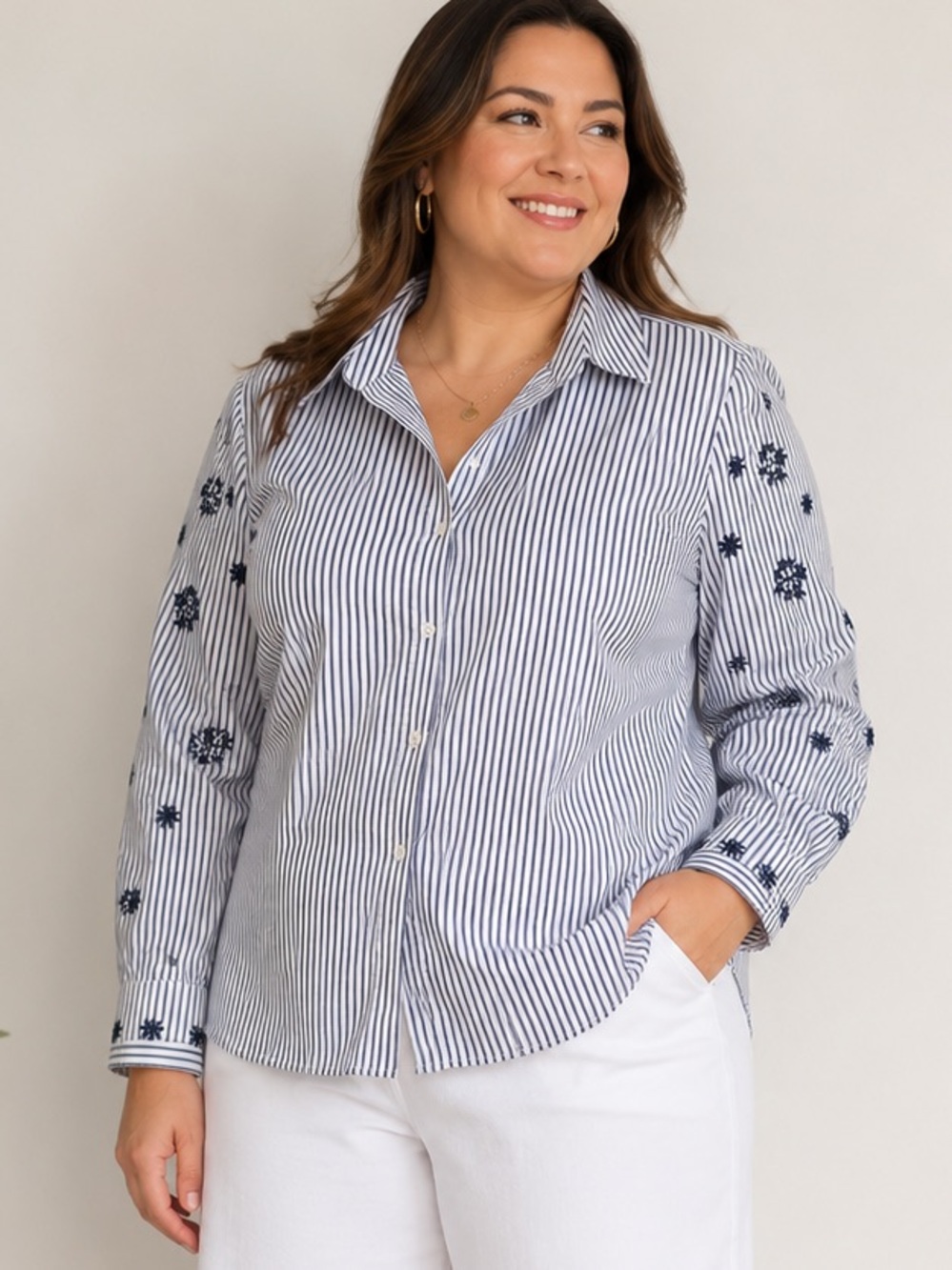 Chico's Cotton blend Navy /White Striped Button-Up Shirt Embroidered Sleeves 16